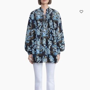 Lafayette 148 New York Blue Floral Pintuck 100% Silk Top XL